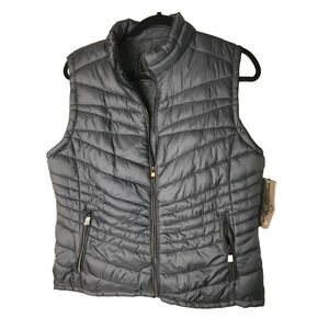 Snobbish L Women's Puffer Vest Charcoal Zipper Pockets Isadora Fur Lining New